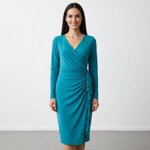 Black Label by Evan Picone Size 8 Teal Dress Jersey Knit Faux Wrap Teal Green